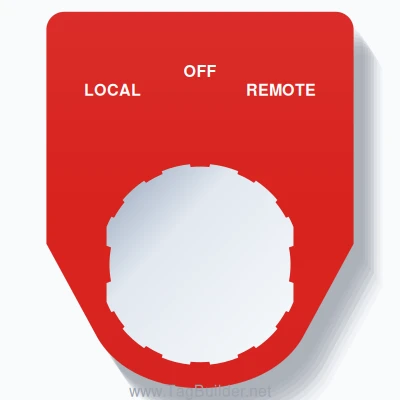 22mm Ring Tag – LOCAL OFF REMOTE, Three-Line Traditional, Schneider Electric Compatible, White on Red