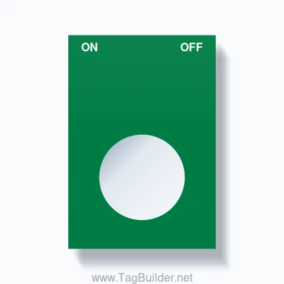 22mm Ring Tag – ON OFF, Two-Line Squared, White on Green