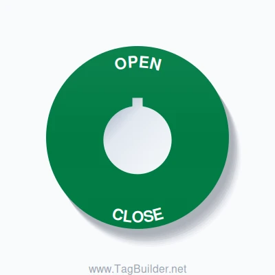 22mm Ring Tag – OPEN CLOSE, Single-Line 60mm Round, Allen-Bradley Compatible, White on Green