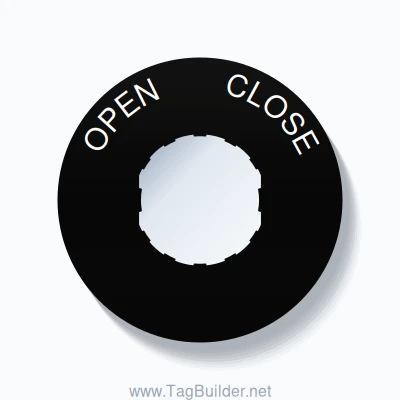 22mm Ring Tag – OPEN       CLOSE, Single-Line 60mm Round, Schneider Electric Compatible, White on Black