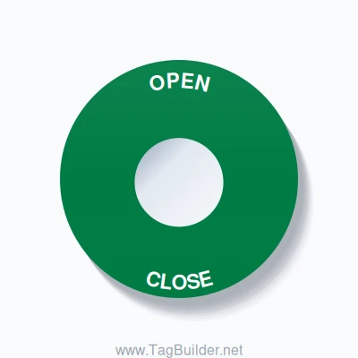 22mm Ring Tag – OPEN CLOSE, Single-Line 60mm Round, White on Green