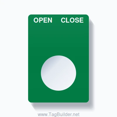 22mm Ring Tag – OPEN CLOSE, Two-Line Rounded, White on Green