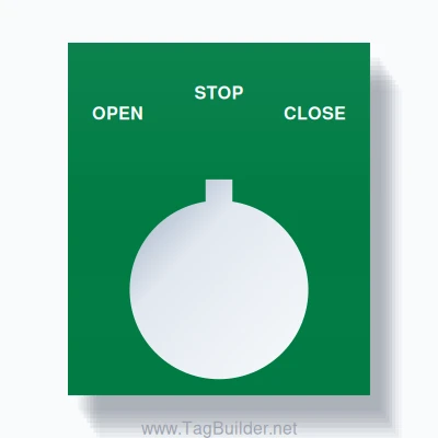 22mm Ring Tag – OPEN STOP CLOSE, Three-Line Square, Allen-Bradley Compatible, White on Green