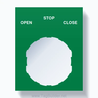 22mm Ring Tag – OPEN STOP CLOSE, Three-Line Square, Schneider Electric Compatible, White on Green