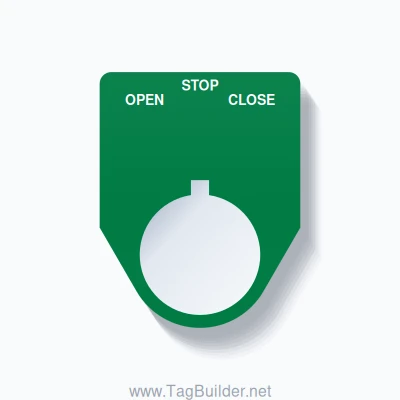 22mm Ring Tag – OPEN STOP CLOSE, Three-Line Traditional, Allen-Bradley Compatible, White on Green