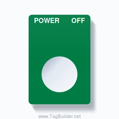 22mm Ring Tag – POWER OFF, Two-Line Rounded, White on Green
