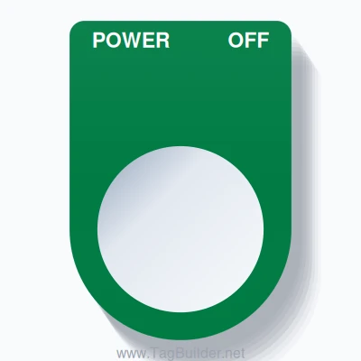22mm Ring Tag – POWER OFF, Two-Line Slim, White on Green