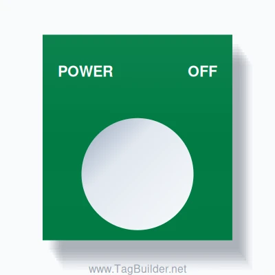 22mm Ring Tag – POWER OFF, Two-Line Square, White on Green