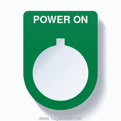 22mm Ring Tag – POWER ON, Single-Line Slim, Allen-Bradley Compatible, White on Green