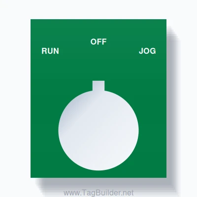 22mm Ring Tag – RUN OFF JOG, Three-Line Square, Allen-Bradley Compatible, White on Green