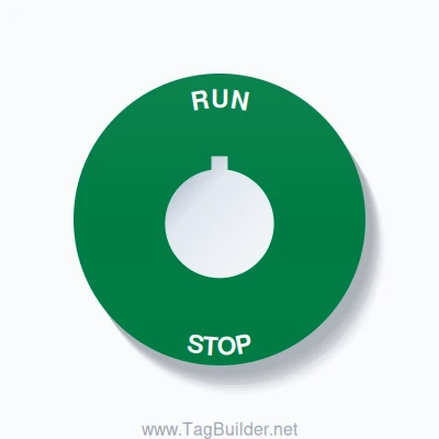 22mm Ring Tag – RUN STOP, Single-Line 60mm Round, Allen-Bradley Compatible, White on Green