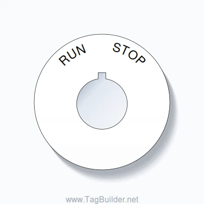 22mm Ring Tag – RUN       STOP, Single-Line 60mm Round, Allen-Bradley Compatible, Black on White