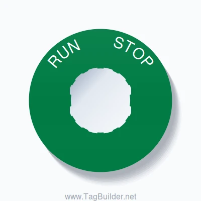 22mm Ring Tag – RUN       STOP, Single-Line 60mm Round, Schneider Electric Compatible, White on Green