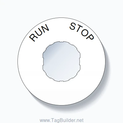 22mm Ring Tag – RUN       STOP, Single-Line 60mm Round, Schneider Electric Compatible, Black on White