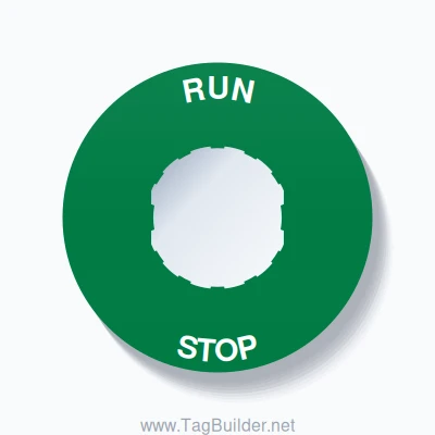 22mm Ring Tag – RUN STOP, Single-Line 60mm Round, Schneider Electric Compatible, White on Green