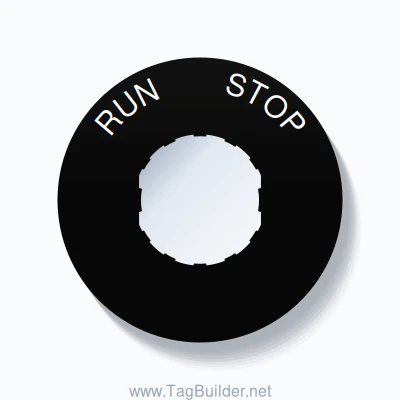 22mm Ring Tag – RUN       STOP, Single-Line 60mm Round, Schneider Electric Compatible, White on Black