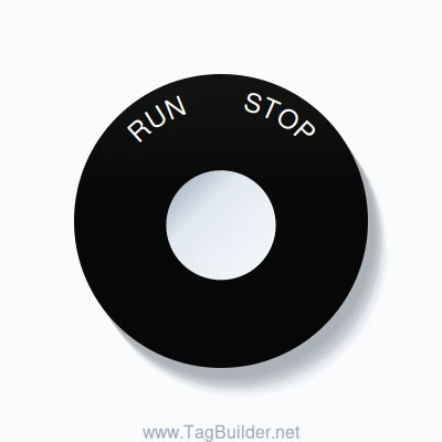 22mm Ring Tag – RUN       STOP, Single-Line 60mm Round, White on Black