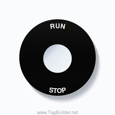 22mm Ring Tag – RUN STOP, Single-Line 60mm Round, White on Black