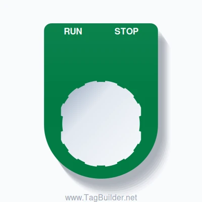 22mm Ring Tag – RUN STOP, Two-Line Slim, Schneider Electric Compatible, White on Green