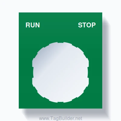 22mm Ring Tag – RUN STOP, Two-Line Square, Schneider Electric Compatible, White on Green