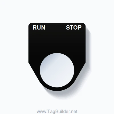 22mm Ring Tag – RUN STOP, Two-Line Traditional, White on Black