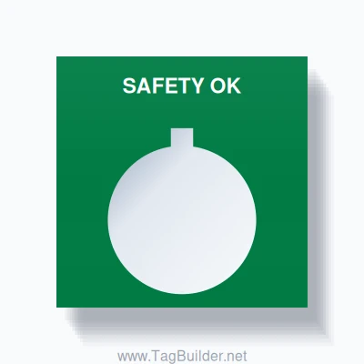 22mm Ring Tag – SAFETY OK, Single-Line Square, Allen-Bradley Compatible, White on Green
