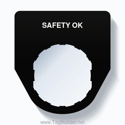 22mm Ring Tag – SAFETY OK, Single-Line Traditional, Schneider Electric Compatible, White on Black