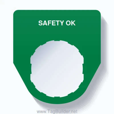 22mm Ring Tag – SAFETY OK, Single-Line Traditional, Schneider Electric Compatible, White on Green