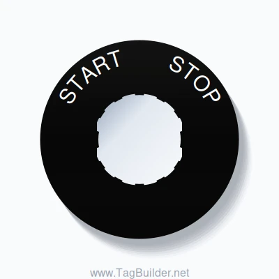 22mm Ring Tag – START       STOP, Single-Line 60mm Round, Schneider Electric Compatible, White on Black