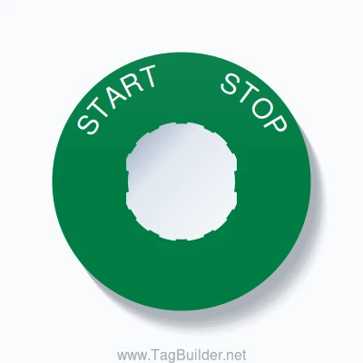 22mm Ring Tag – START       STOP, Single-Line 60mm Round, Schneider Electric Compatible, White on Green