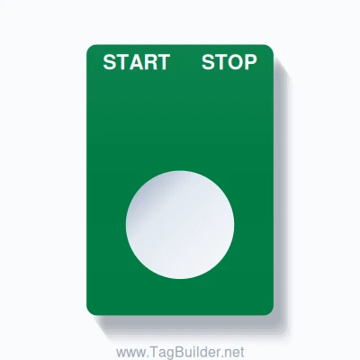 22mm Ring Tag – START STOP, Two-Line Rounded, White on Green