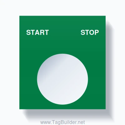 22mm Ring Tag – START STOP, Two-Line Square, White on Green