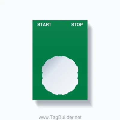 22mm Ring Tag – START STOP, Two-Line Squared, Schneider Electric Compatible, White on Green