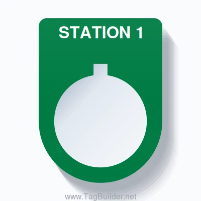 22mm Ring Tag – STATION 1, Single-Line Slim, Allen-Bradley Compatible, White on Green