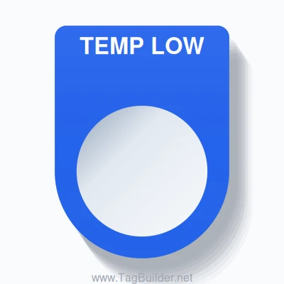 22mm Ring Tag – TEMP LOW, Single-Line Slim, White on Blue