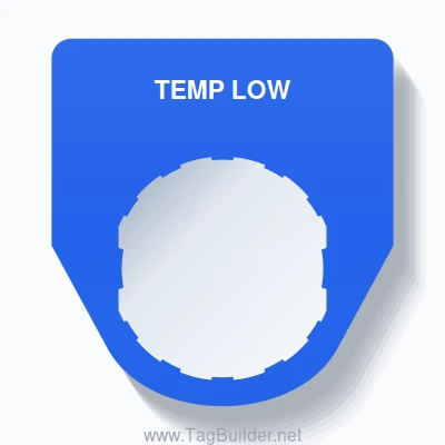 22mm Ring Tag – TEMP LOW, Single-Line Traditional, Schneider Electric Compatible, White on Blue