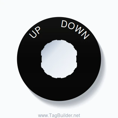 22mm Ring Tag – UP       DOWN, Single-Line 60mm Round, Schneider Electric Compatible, White on Black