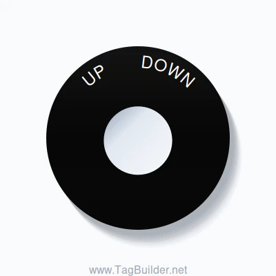 22mm Ring Tag – UP       DOWN, Single-Line 60mm Round, White on Black