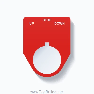 22mm Ring Tag – UP STOP DOWN, Three-Line Traditional, Allen-Bradley Compatible, White on Red