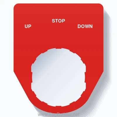 22mm Ring Tag – UP STOP DOWN, Three-Line Traditional, Schneider Electric Compatible, White on Red