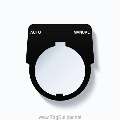 30mm Ring Tag – AUTO MANUAL, Two-Line Harmony 9001K, Schneider Electric Compatible, White on Black