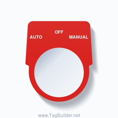 30mm Ring Tag – AUTO OFF MANUAL, Three-Line Harmony 9001K, White on Red