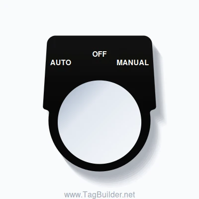 30mm Ring Tag – AUTO OFF MANUAL, Three-Line Harmony 9001K, White on Black