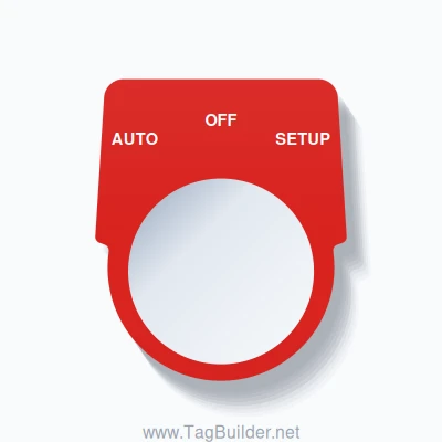30mm Ring Tag – AUTO OFF SETUP, Three-Line Harmony 9001K, White on Red