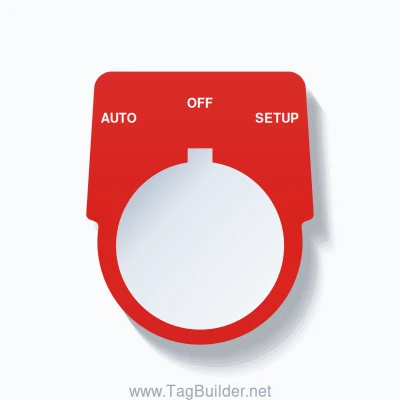 30mm Ring Tag – AUTO OFF SETUP, Three-Line Harmony 9001K, Allen-Bradley Compatible, White on Red