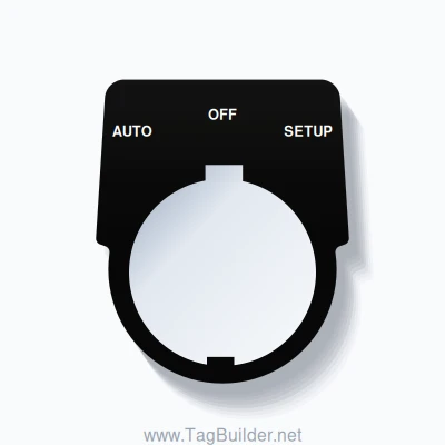 30mm Ring Tag – AUTO OFF SETUP, Three-Line Harmony 9001K, Schneider Electric Compatible, White on Black