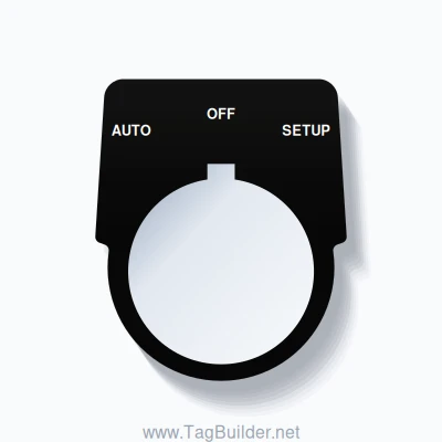 30mm Ring Tag – AUTO OFF SETUP, Three-Line Harmony 9001K, Allen-Bradley Compatible, White on Black