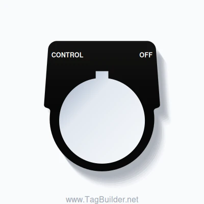 30mm Ring Tag – CONTROL OFF, Two-Line Harmony 9001K, Allen-Bradley Compatible, White on Black