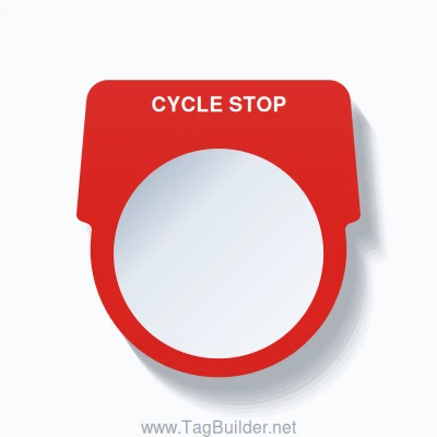 30mm Ring Tag – CYCLE STOP, Single-Line Harmony 9001K, White on Red