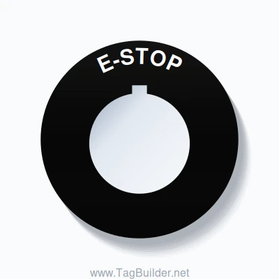 30mm Ring Tag – E-STOP, Single-Line 60mm Round, Allen-Bradley Compatible, White on Black